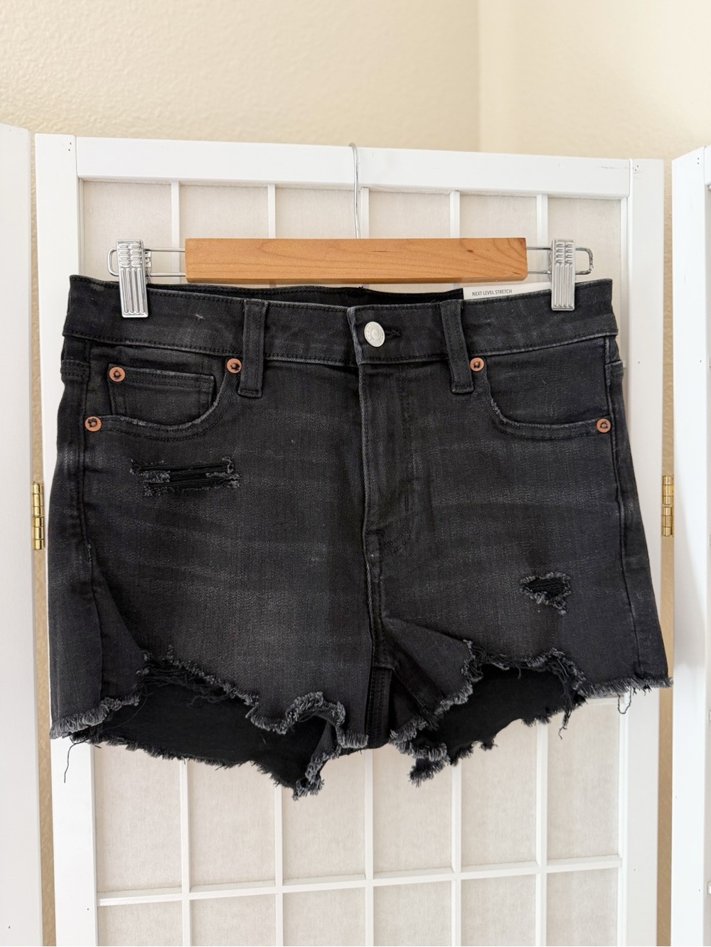 NWT American Eagle Black Distressed Denim High-Rise Shortie Shorts Size 4